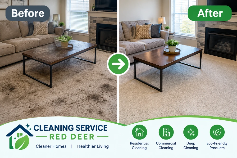 Living room carpet before and after a move out clean